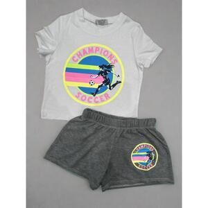 NEW FIREHOUSE girl's champions soccer tee and shorts in white grey multi